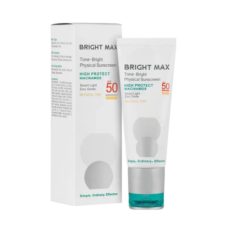 کرم ضد آفتاب SPF50 رنگی فیزیکال تن-برایت بژ طبیعی برایت مکس - صورت